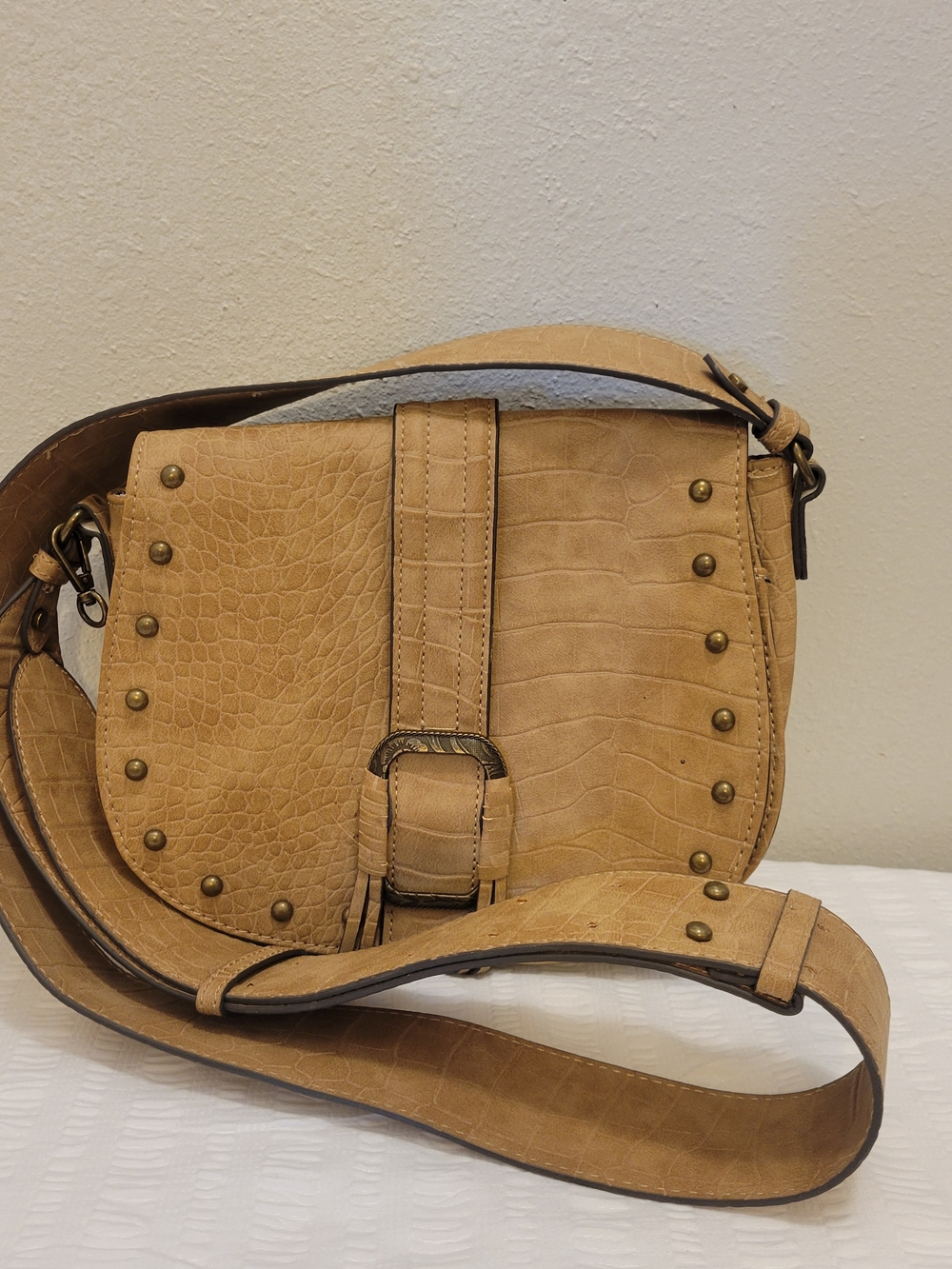 Jessica Simpson Tan Croc-Embossed Crossbody Bag with Stud Detail